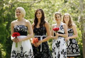 Bridesmaids wait for outdoor wedding ceremony in Annandale, Virginia